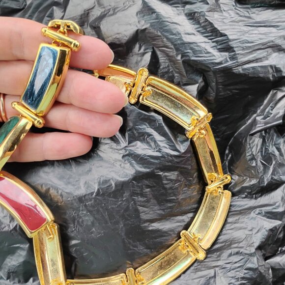 Enamel Multicolor Gold Accents Rectangular Shapes Necklace Chocker - Picture 9 of 11